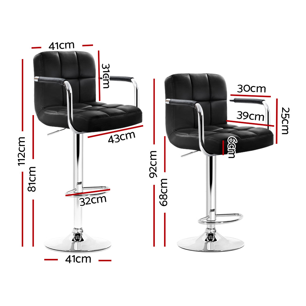 Artiss 2x Bar Stools Leather Gas Lift w/Armrest Black-1