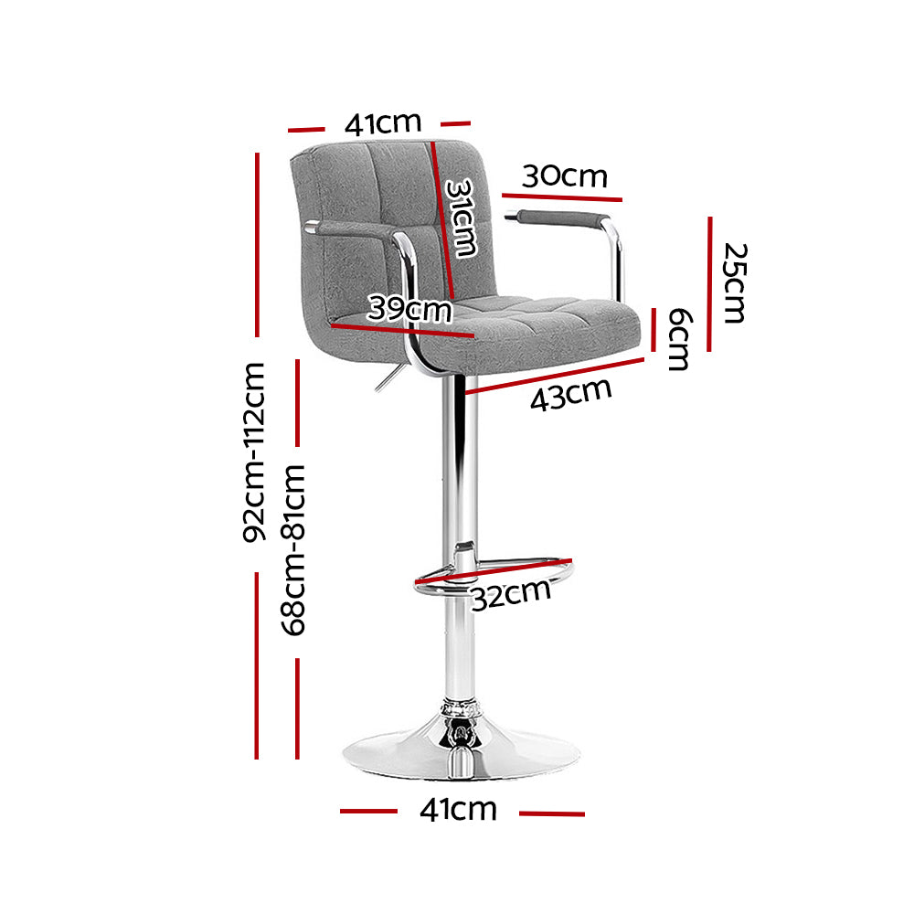 Artiss 2x Bar Stools Fabric Gas Lift w/Armrest Grey-1