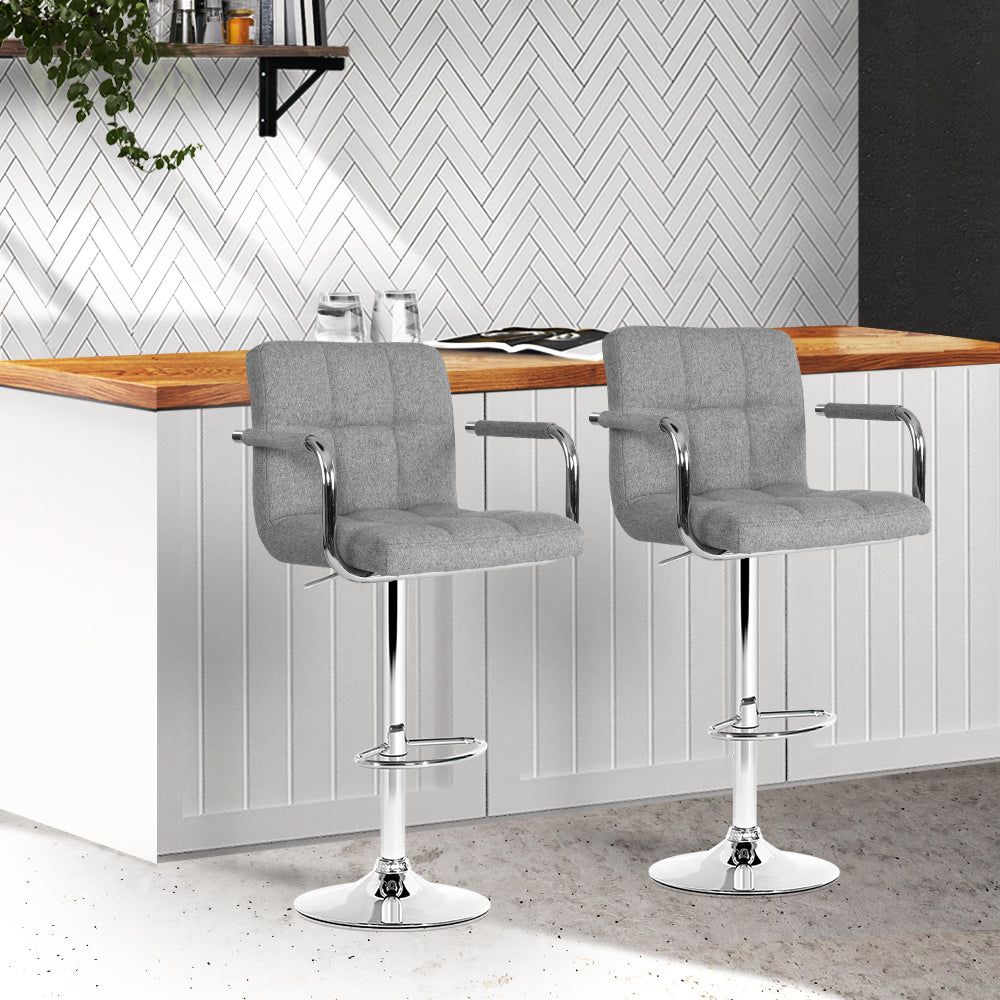 Artiss 2x Bar Stools Fabric Gas Lift w/Armrest Grey-7