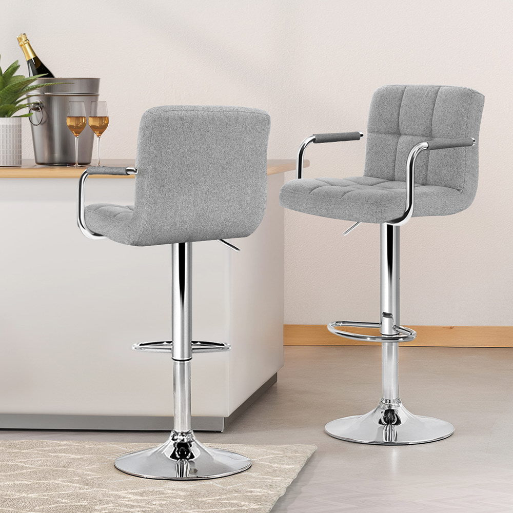 Artiss 4x Bar Stools Fabric Gas Lift w/Armrest Grey-6