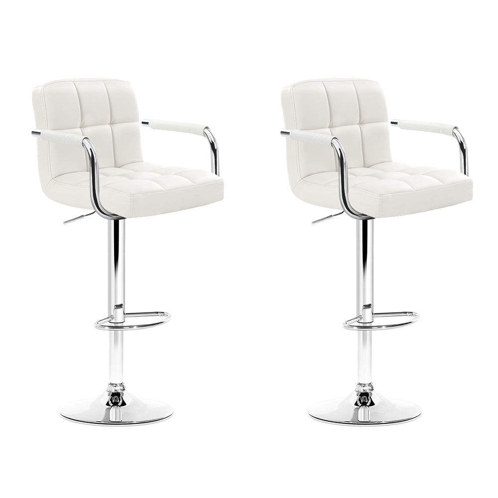 Artiss 2x Bar Stools Leather Gas Lift w/Armrest White-0