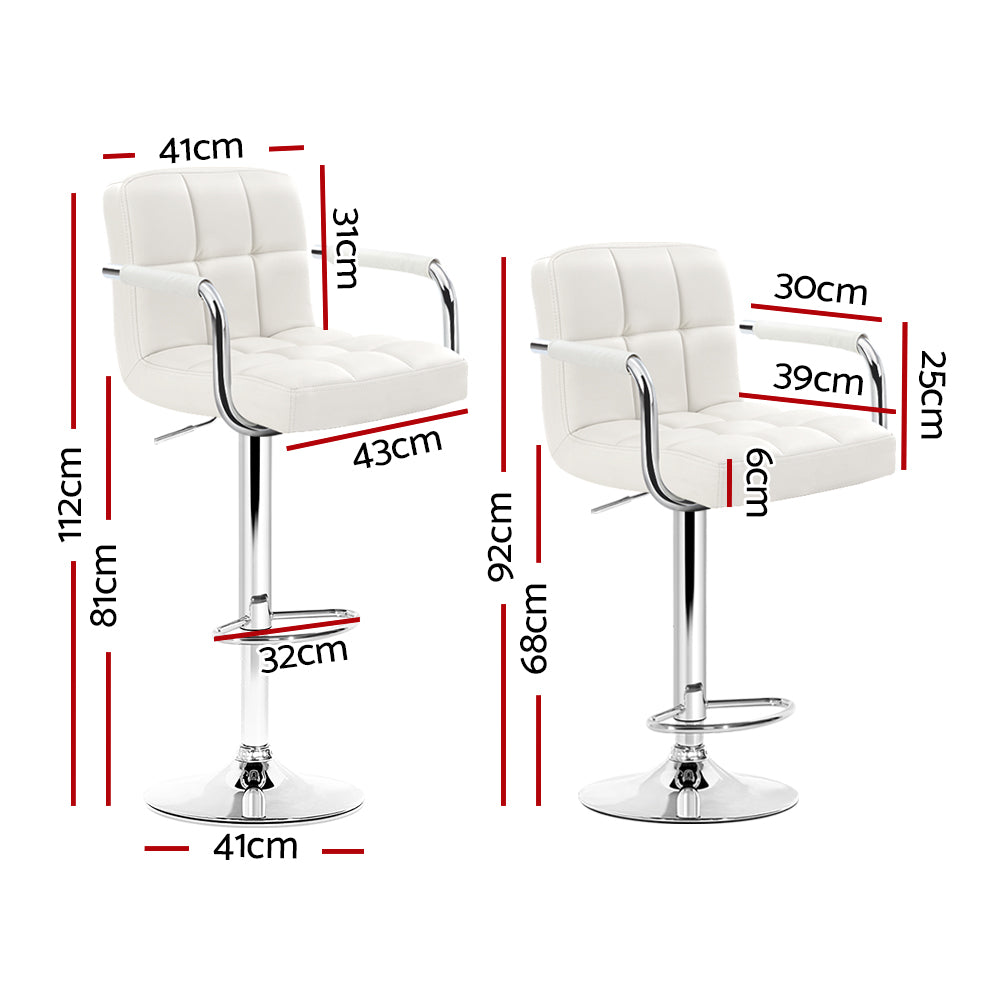 Artiss 2x Bar Stools Leather Gas Lift w/Armrest White-1