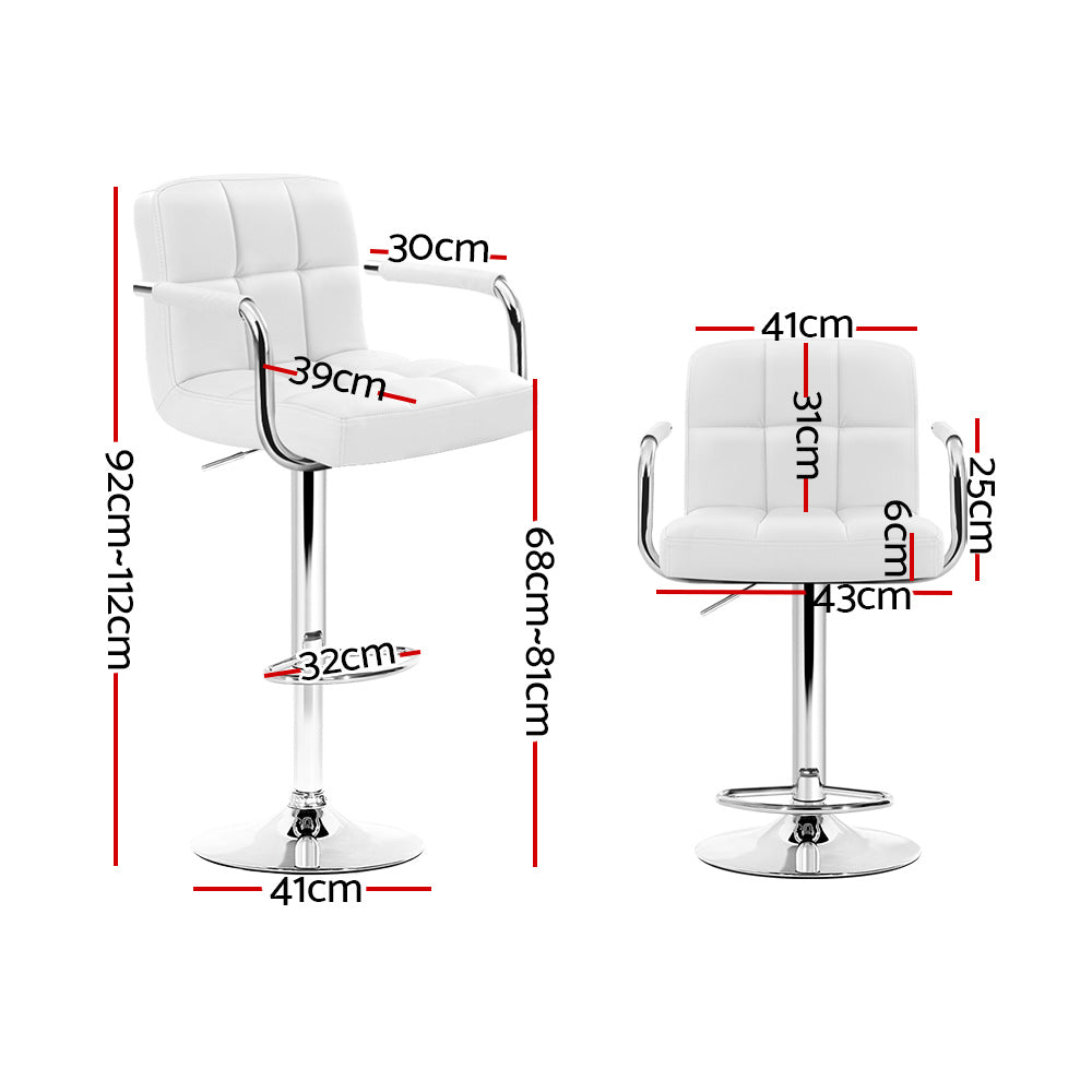Artiss 2x Bar Stools Leather Gas Lift w/Armrest White-1