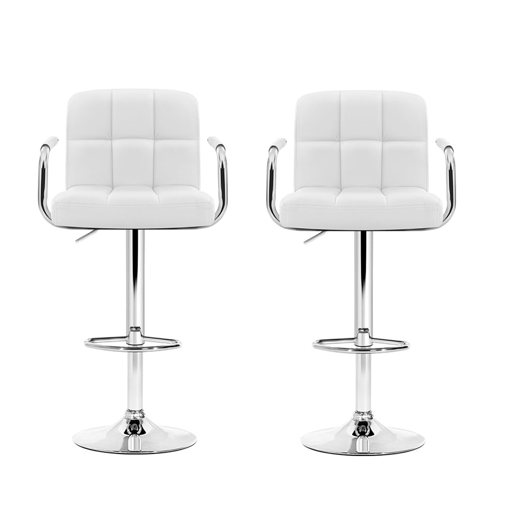 Artiss 2x Bar Stools Leather Gas Lift w/Armrest White-2