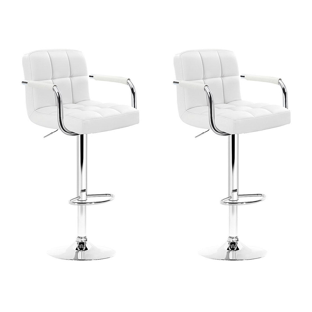Artiss 2x Bar Stools Leather Gas Lift w/Armrest White-7