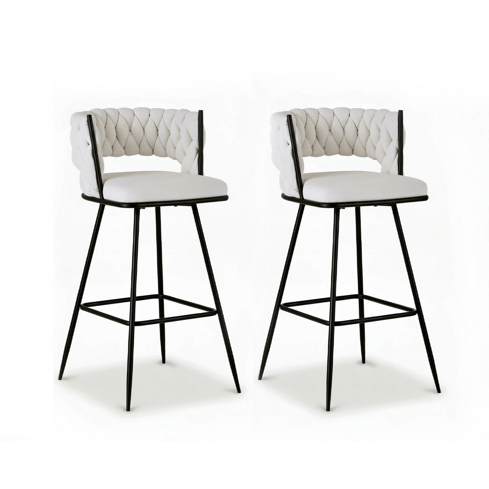 Artiss 2x Bar Stools Kitchen Dining Chair Counter Stool Woven Velvet Metal Ivory-0