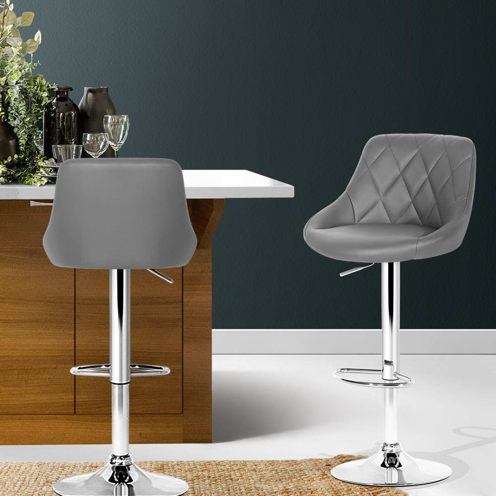 Artiss 2x Bar Stools Leather Padded Gas Lift Grey-6