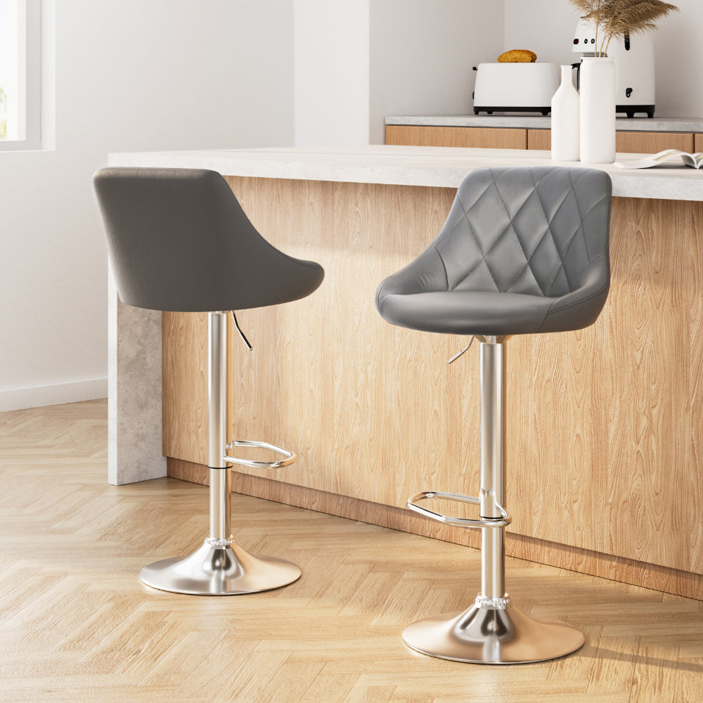 Artiss 2x Bar Stools Leather Padded Gas Lift Grey-7