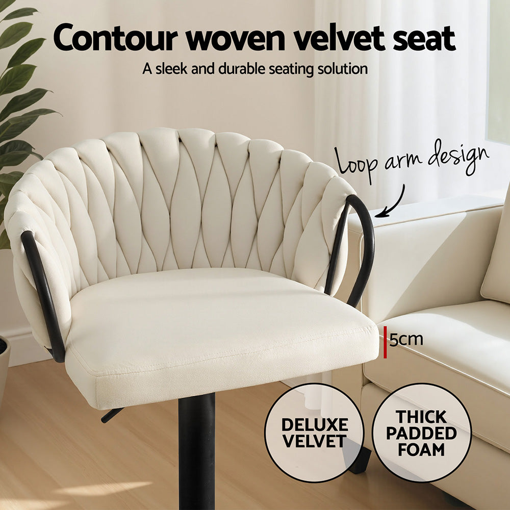 Artiss Bar Stool x2 Kitchen Dining Chair Counter Gaslift Woven Velvet Ivory-4