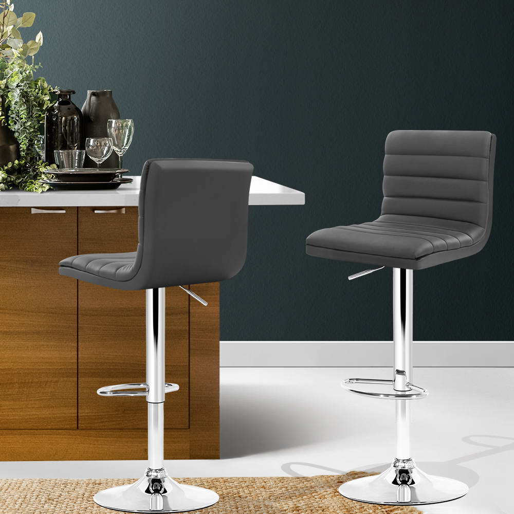 Artiss 2x Bar Stools Padded Leather Gas Lift Grey-6