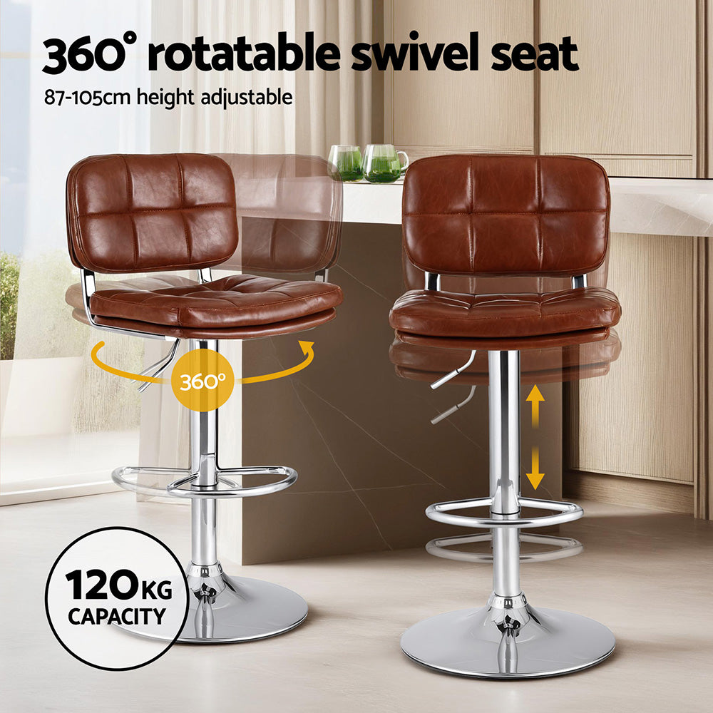 Artiss 2x Bar Stools Kitchen Swivel Gas Lift Counter Chair Tuft PU Leather Brown-3