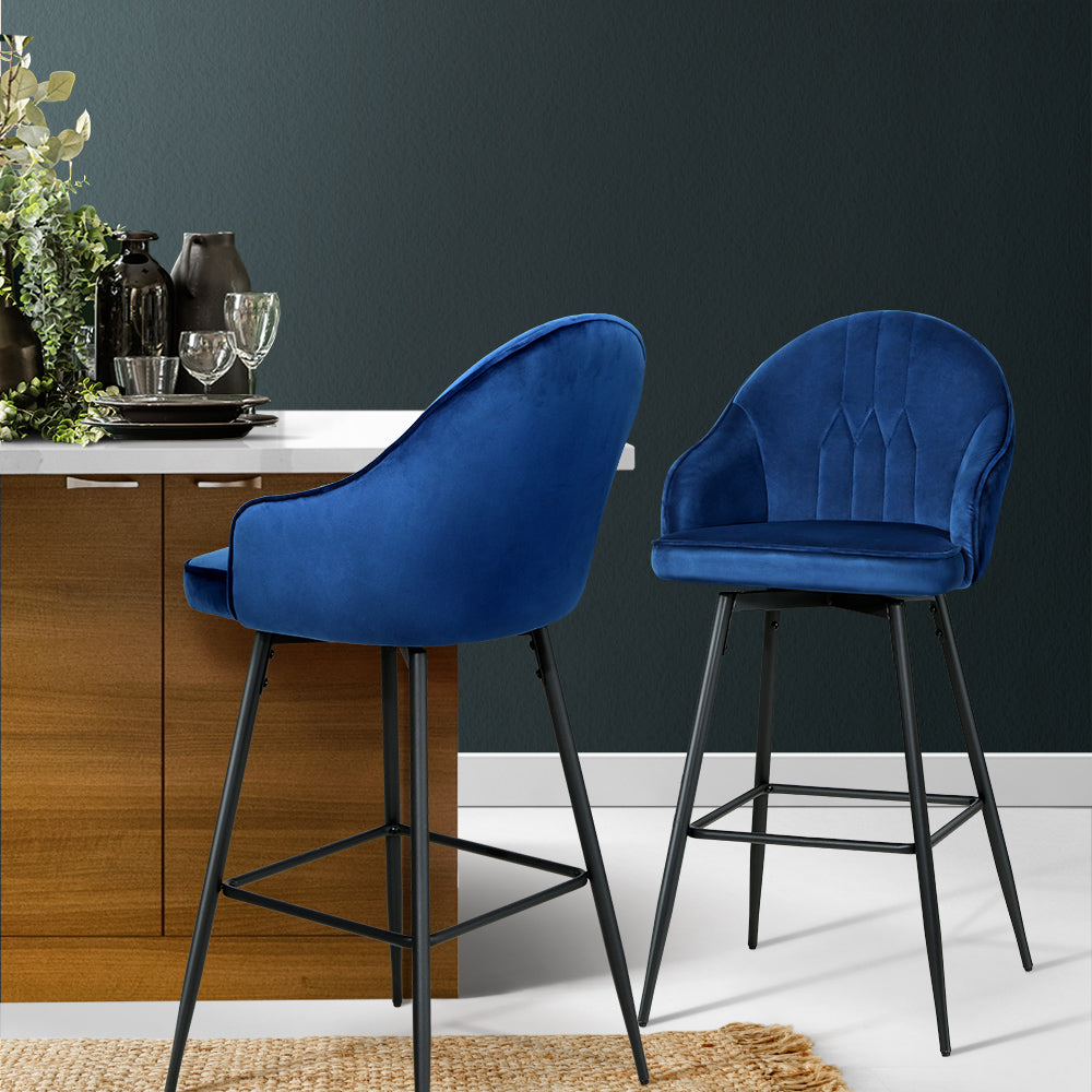 Artiss 2x Bar Stools Velvet Swivel Metal Legs Blue-7