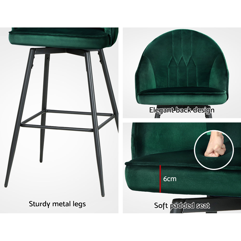 Artiss 2x Bar Stools Velvet Swivel Metal Legs Green-5