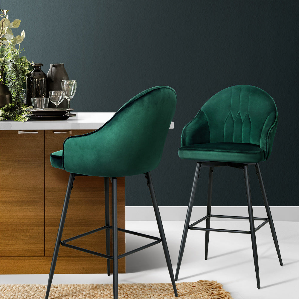 Artiss 2x Bar Stools Velvet Swivel Metal Legs Green-7