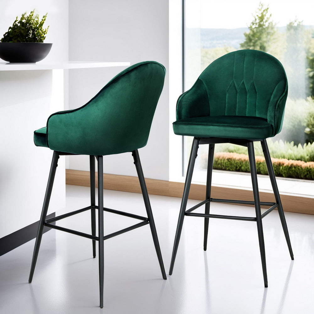 Artiss 4x Bar Stools Velvet Swivel Metal Legs Green-6