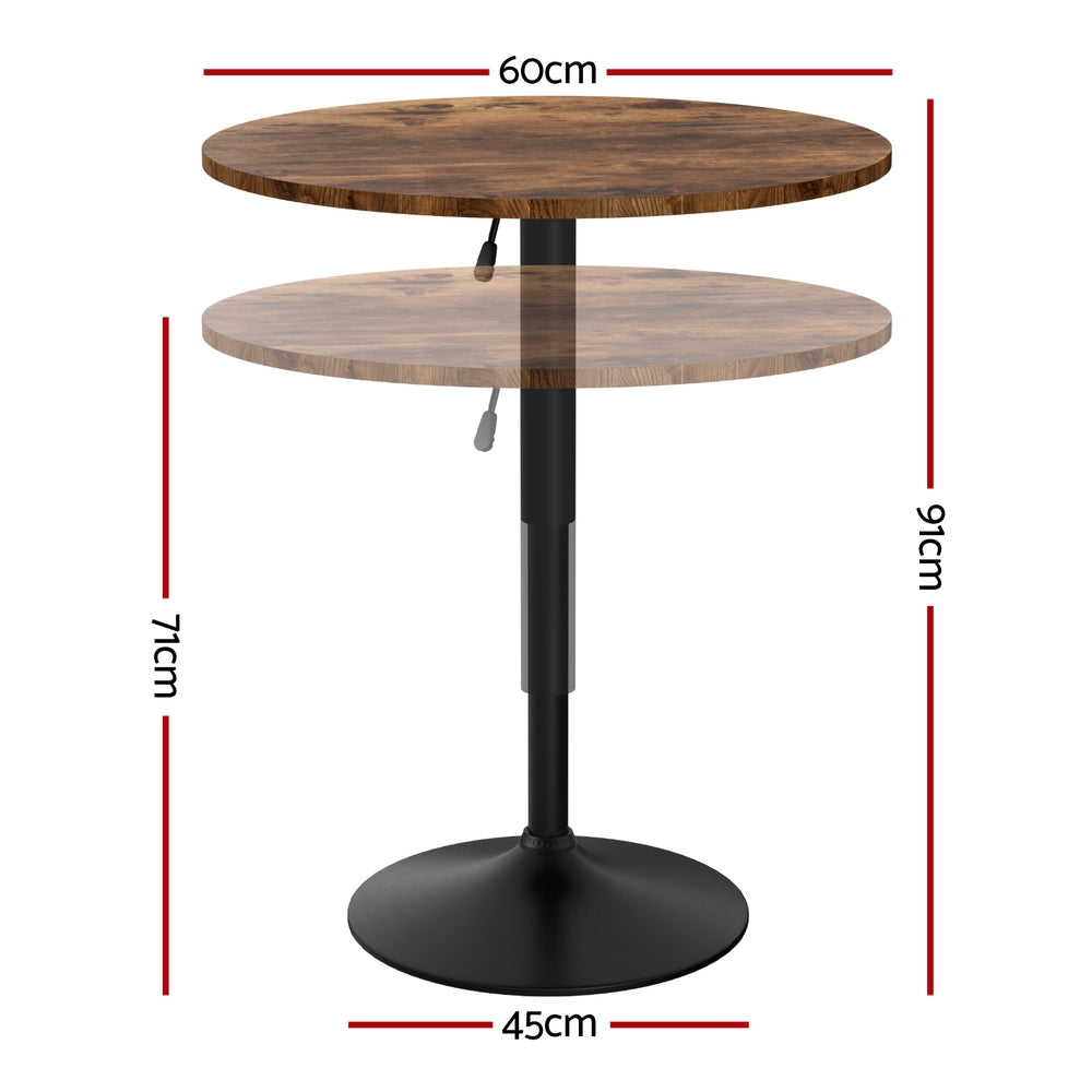 Artiss Height Adjustable Bar Table 360 Swivel Round Gaslift Design 60cm Rustic Brown Black-1