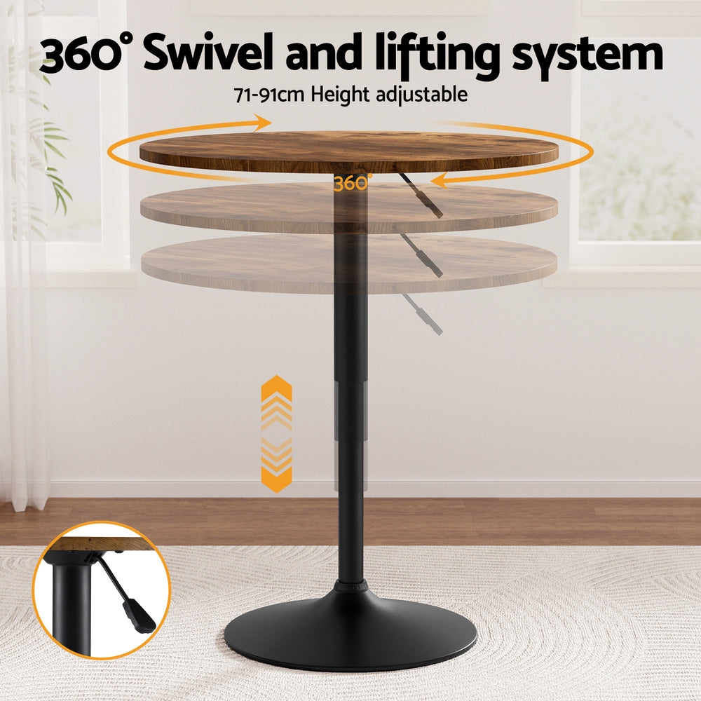 Artiss Height Adjustable Bar Table 360 Swivel Round Gaslift Design 60cm Rustic Brown Black-3