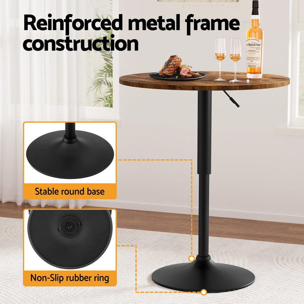 Artiss Height Adjustable Bar Table 360 Swivel Round Gaslift Design 60cm Rustic Brown Black-5