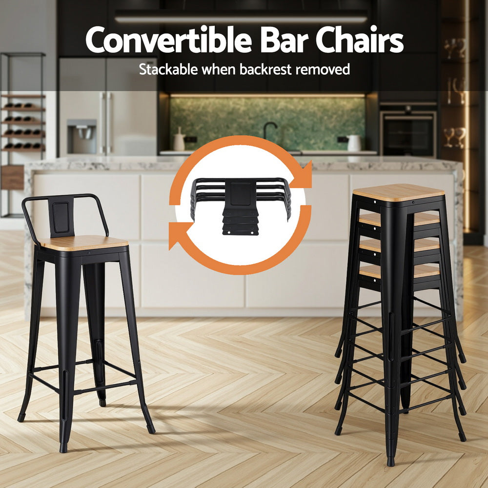 Artiss 2x Bar Stools Kitchen Counter High Chair Dining Stackable Metal Black-5