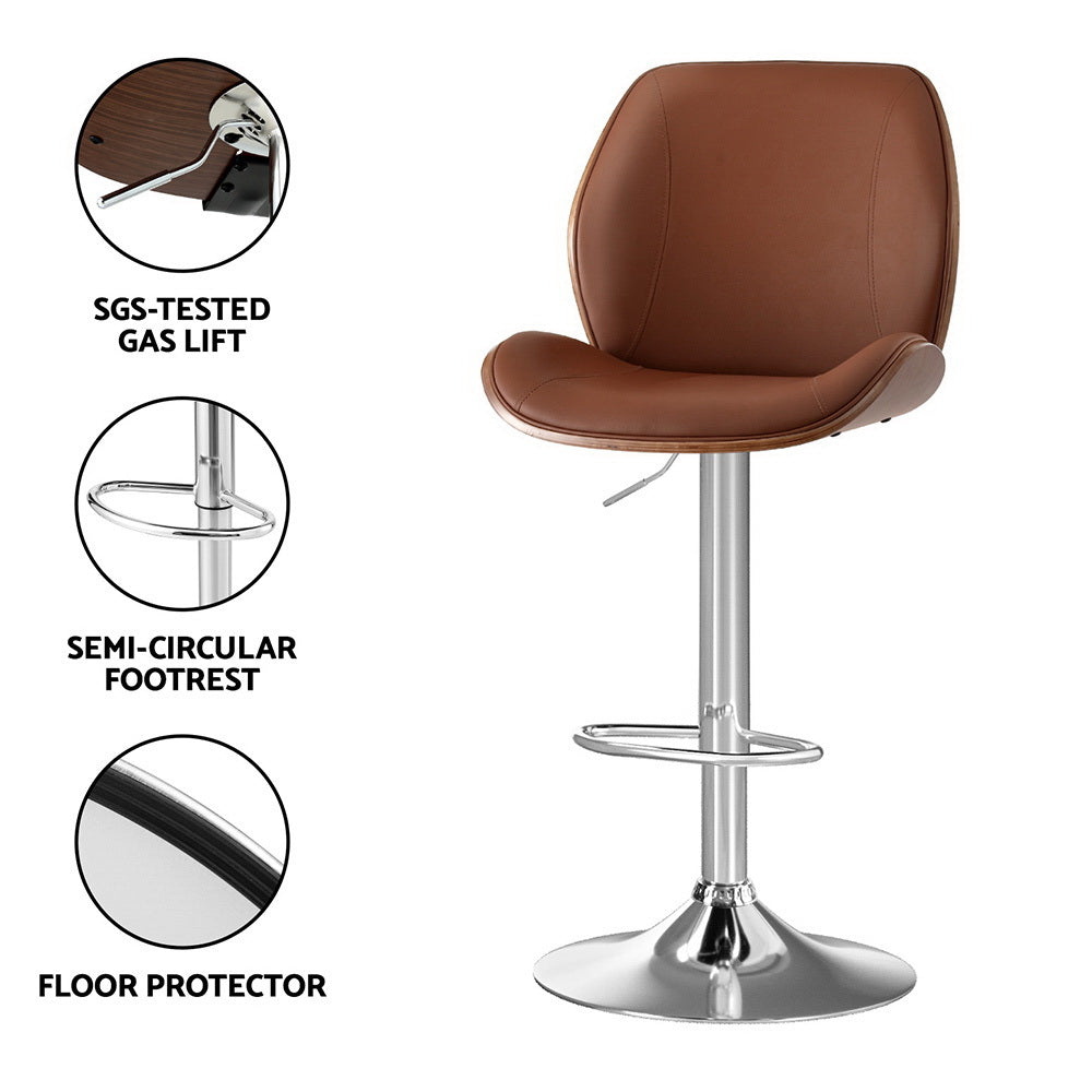 Artiss 2X Bar Stools Bentwood Adjustable Kitchen Counter Chair Leather Brown-5
