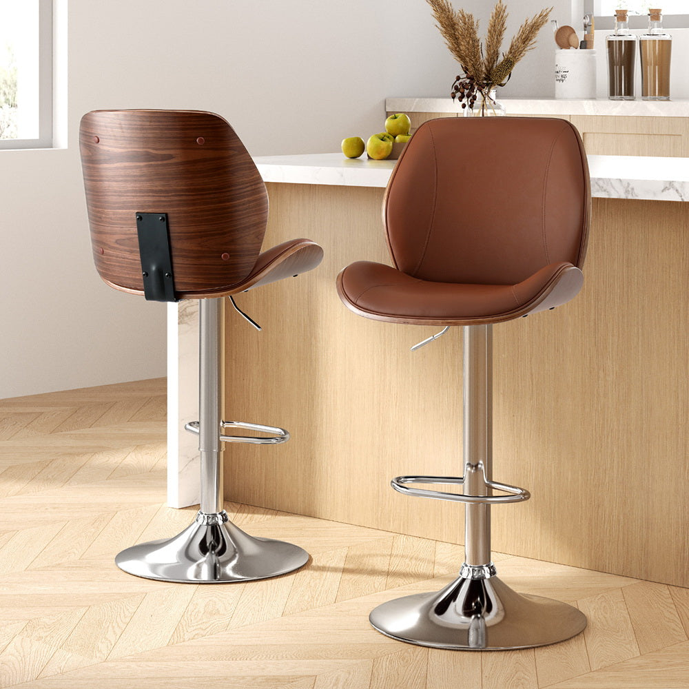 Artiss 2X Bar Stools Bentwood Adjustable Kitchen Counter Chair Leather Brown-6