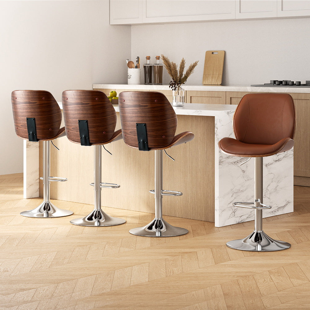 Artiss 4X Bar Stools Bentwood Adjustable Kitchen Counter Chair Leather Brown-6