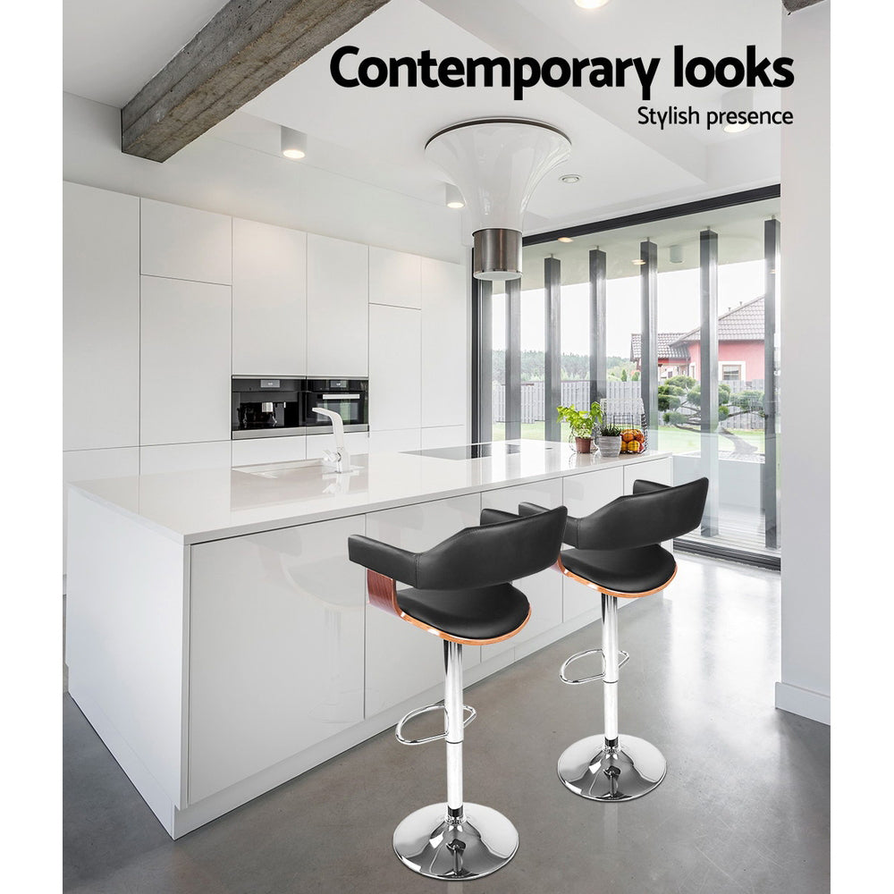 Artiss 2x Bar Stools Gas Lift Leather w/Armrest Black-4