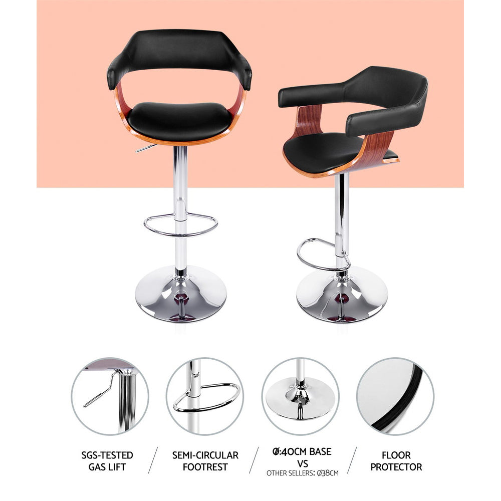 Artiss 2x Bar Stools Gas Lift Leather w/Armrest Black-5