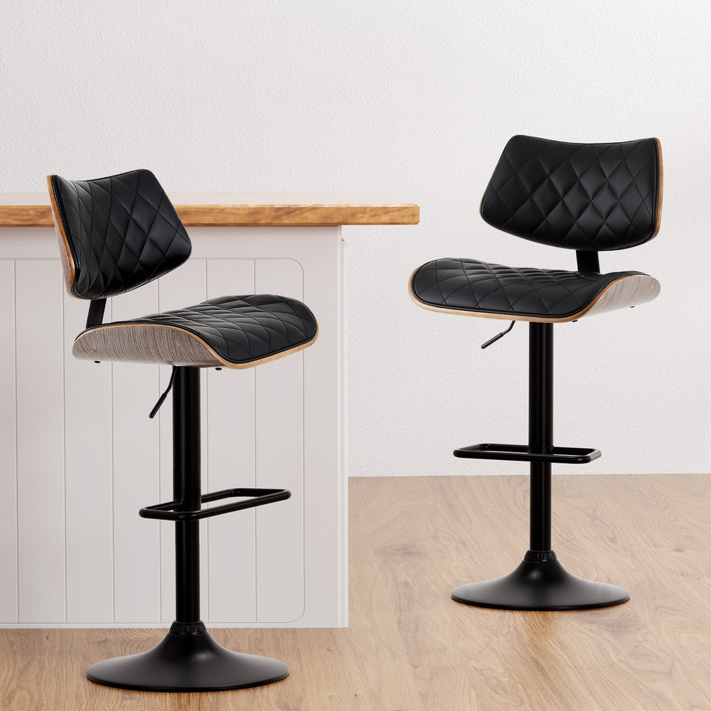 Artiss 2x Bar Stools Kitchen Dining Chairs Gas Lift Stool Wooden Leather Black-6