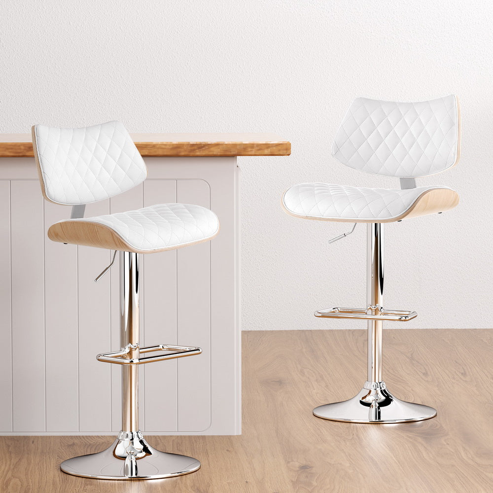 Artiss 2x Bar Stools Kitchen Dining Chairs Gas Lift Stool Wooden Leather White-6