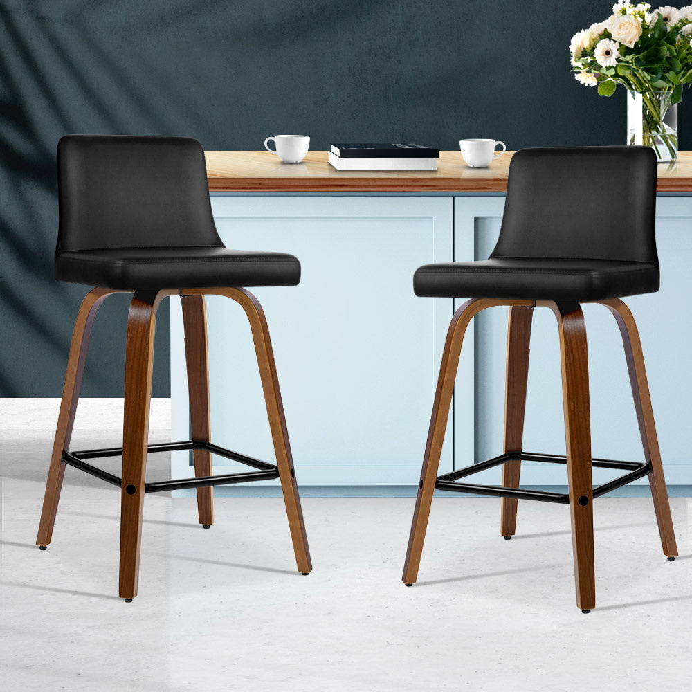 Artiss 2x Bar Stools Swivel Leather Padded Wooden-7