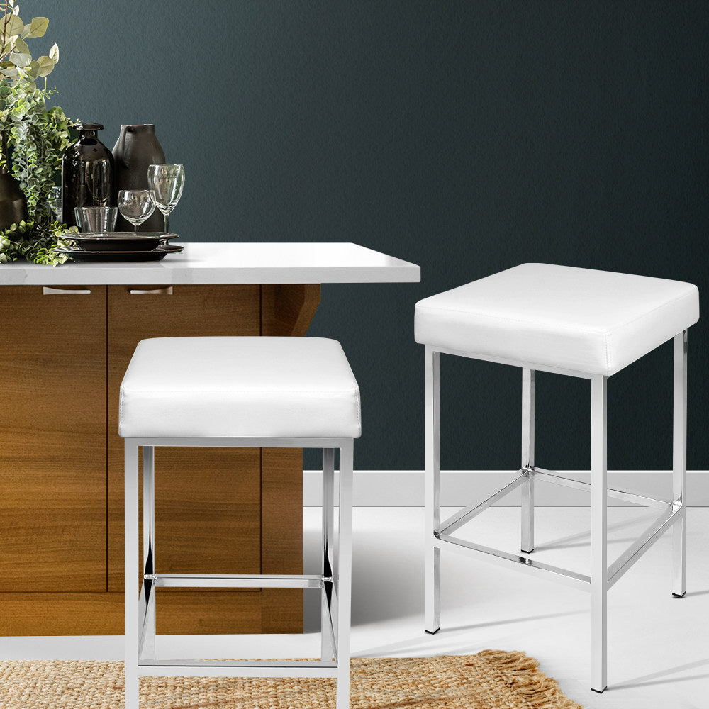 Artiss 2x Bar Stools Leather Padded Metal White-6