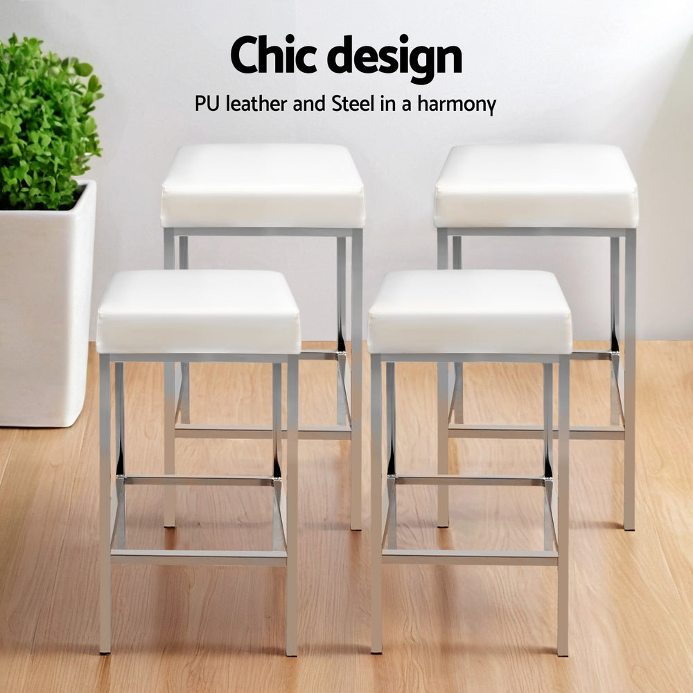 Artiss 4x Bar Stools Leather Padded Metal White-3