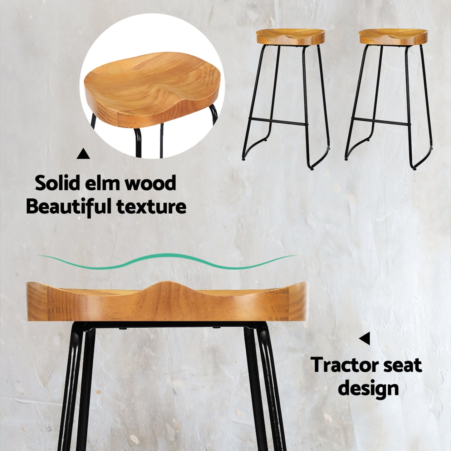 Artiss 2x Bar Stools Tractor Seat 75cm Wooden-4