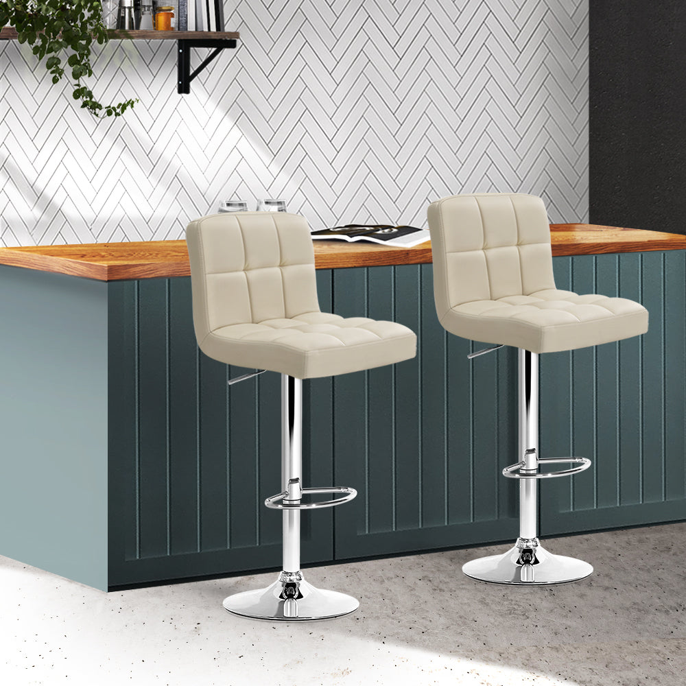 Artiss 2x Bar Stools Leather Gas Lift Beige-7