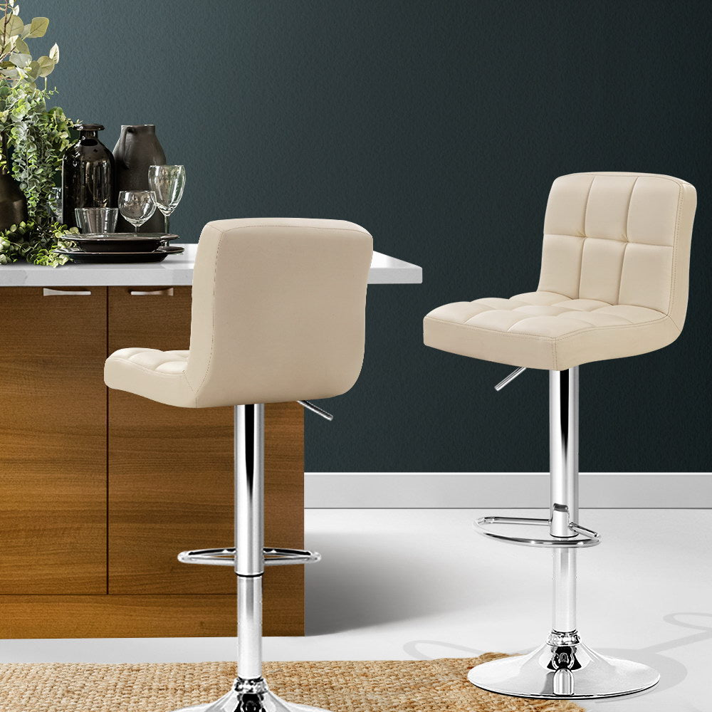 Artiss 2x Bar Stools Leather Gas Lift Beige-6