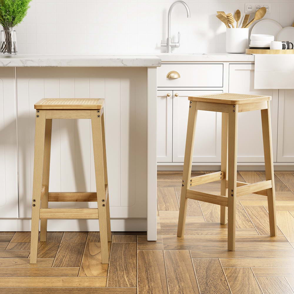 Artiss 2x Bar Stools Rubber Wood Stool Counter Chair Rattan Barstools Kitchen-6