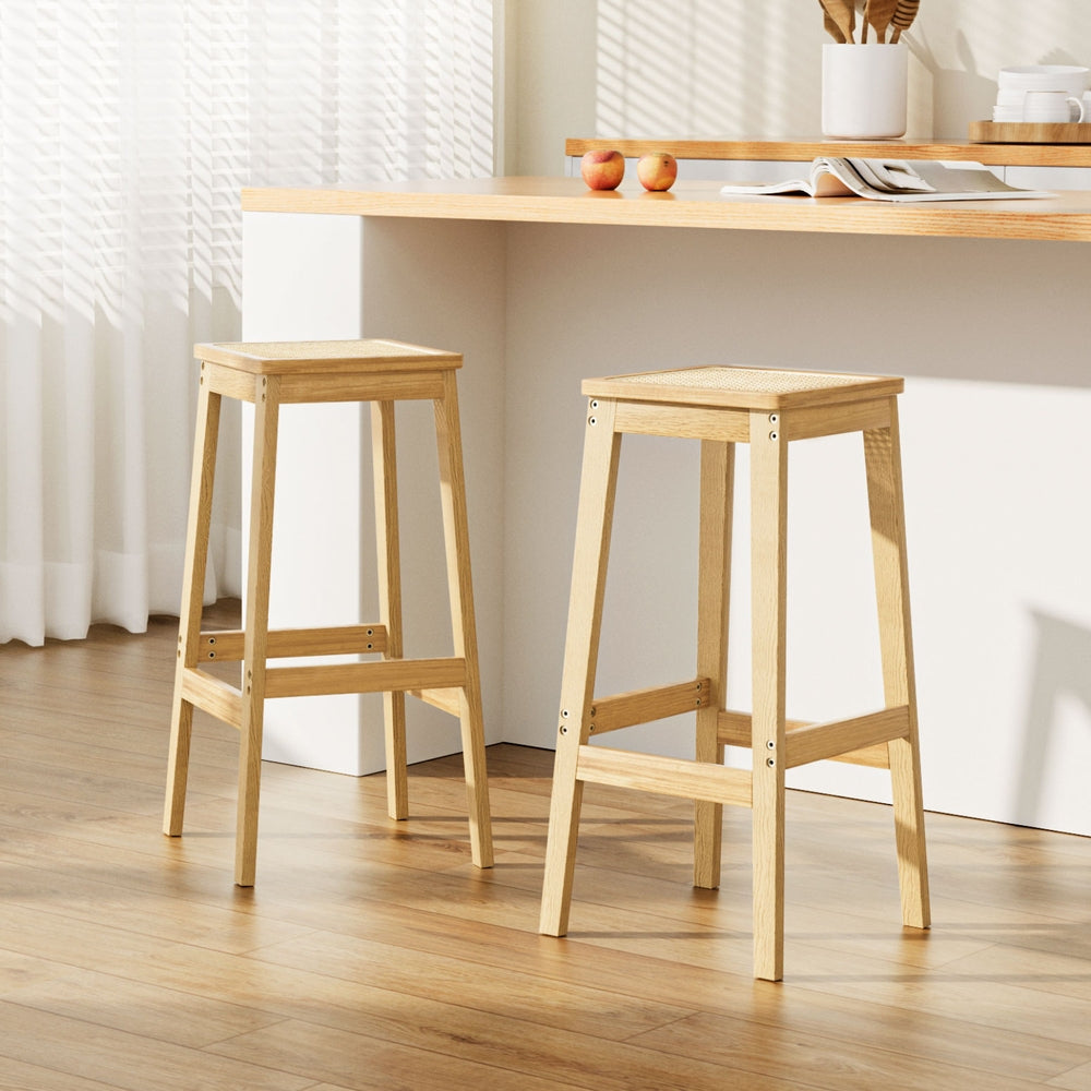Artiss 2x Bar Stools Rubber Wood Stool Counter Chair Rattan Barstools Kitchen-6