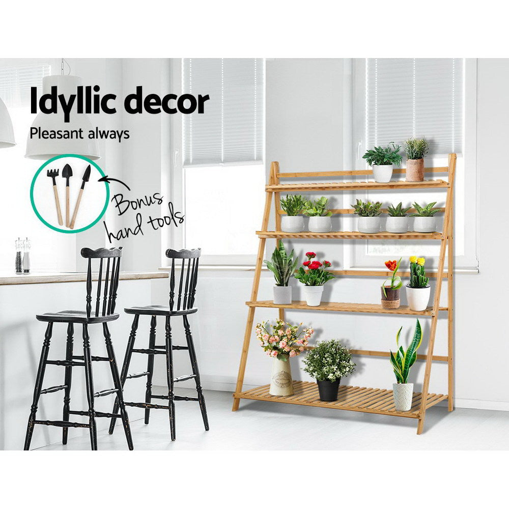 Artiss Plant Stand 4 Tier Bamboo Slat Flower Pot Shelf Pine-4