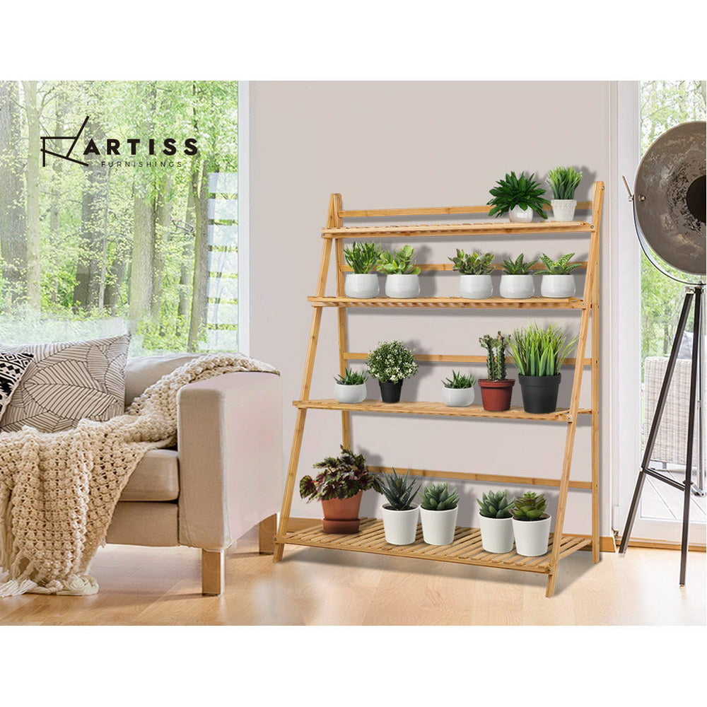 Artiss Plant Stand 4 Tier Bamboo Slat Flower Pot Shelf Pine-5