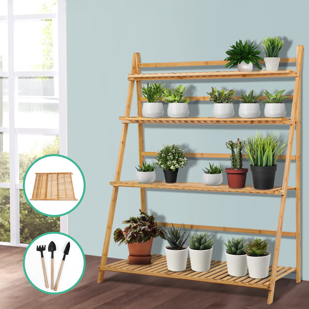 Artiss Plant Stand 4 Tier Bamboo Slat Flower Pot Shelf Pine-6