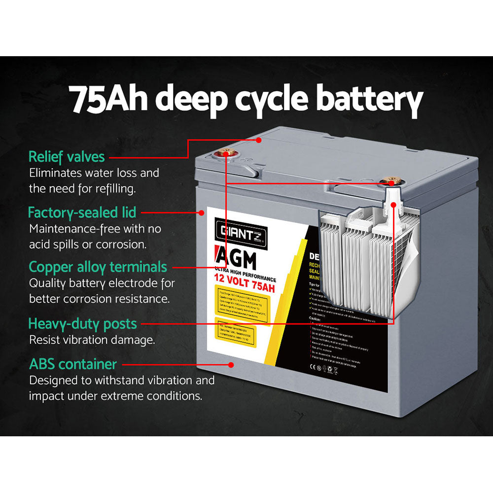 Giantz AGM Deep Cycle Battery 12V 75Ah x2 Box Portable Solar Caravan Camping-3