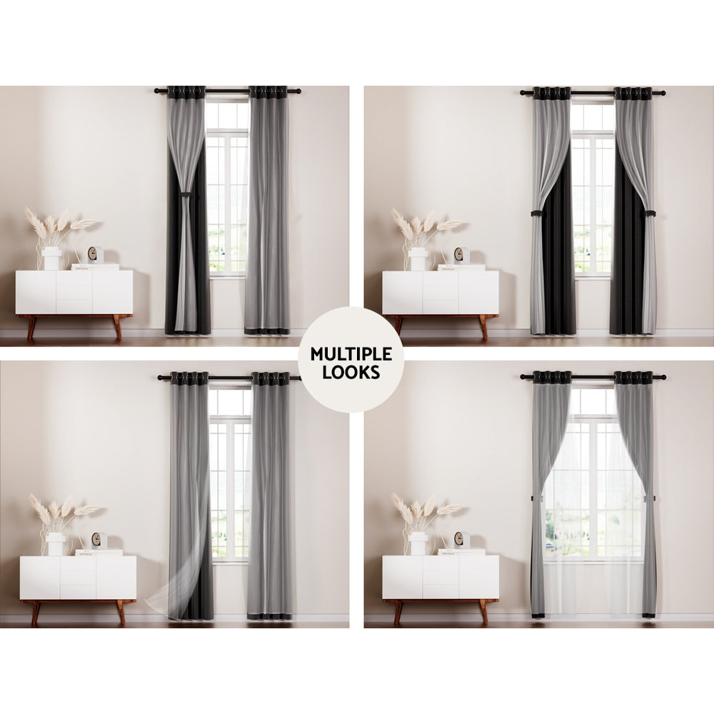 Artiss 2X 132x160cm Blockout Sheer Curtains Black-3