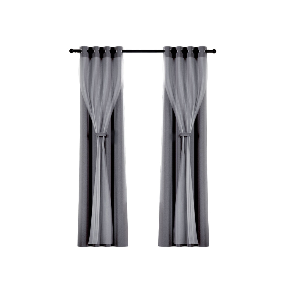 Artiss 2X 132x160cm Blockout Sheer Curtains Charcoal-2