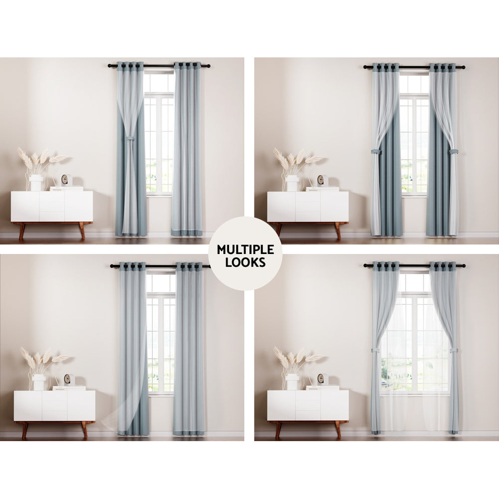 Artiss 2X 132x160cm Blockout Sheer Curtains Light Grey-3