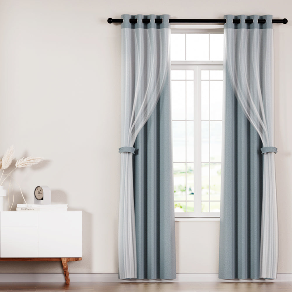 Artiss 2X 132x160cm Blockout Sheer Curtains Light Grey-6
