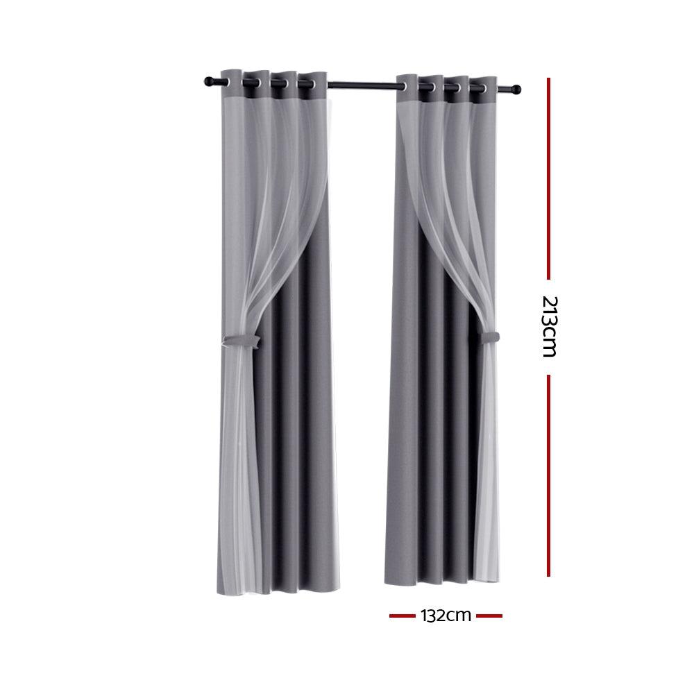 Artiss 2X 132x213cm Blockout Sheer Curtains Charcoal-1