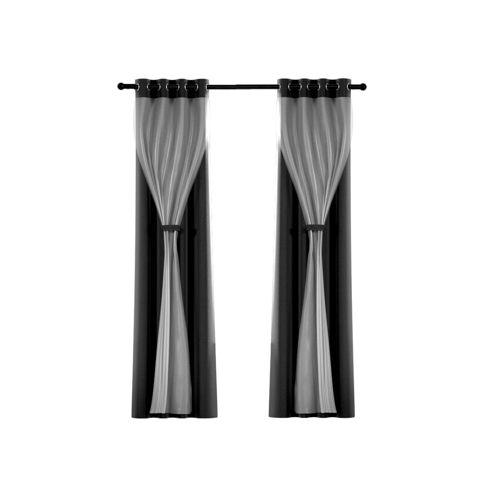 Artiss 2X 132x242cm Blockout Sheer Curtains Black-2
