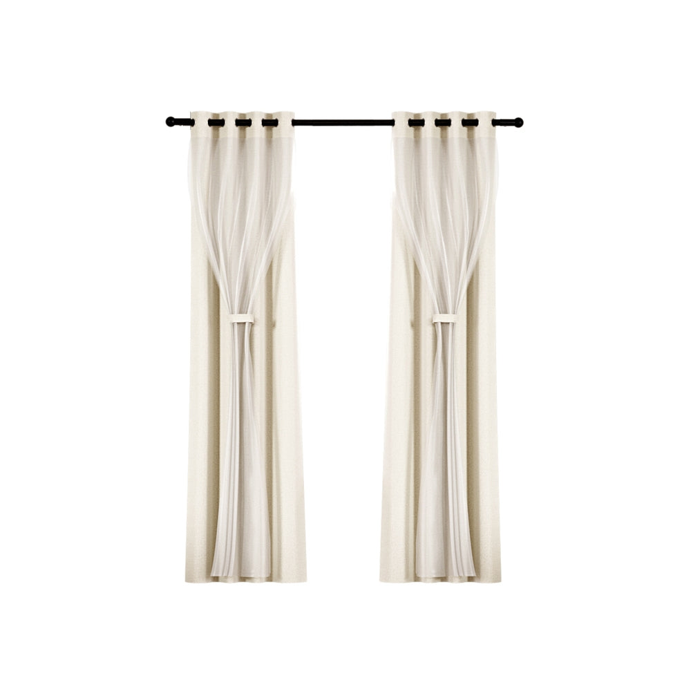 Artiss 2X 132x274cm Blockout Sheer Curtains Beige-2
