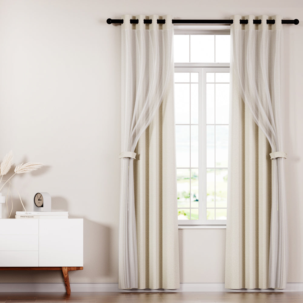 Artiss 2X 132x274cm Blockout Sheer Curtains Beige-6